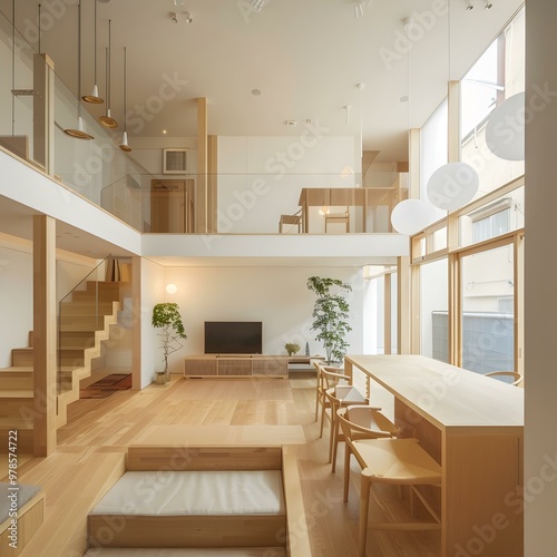 Modern Minimalist Japanese Home Interior Design With Wooden Flooring and Open Staircase