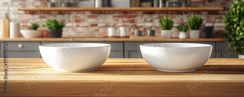 Two elegant white bowls on a wooden kitchen countertop, perfect for showcasing culinary creations or for interior design.