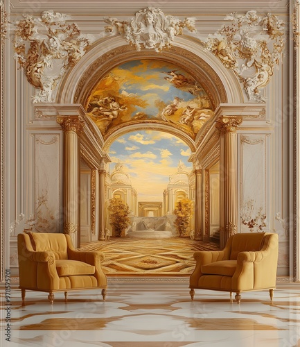 Golden Archway Interior Design With Painting Mural