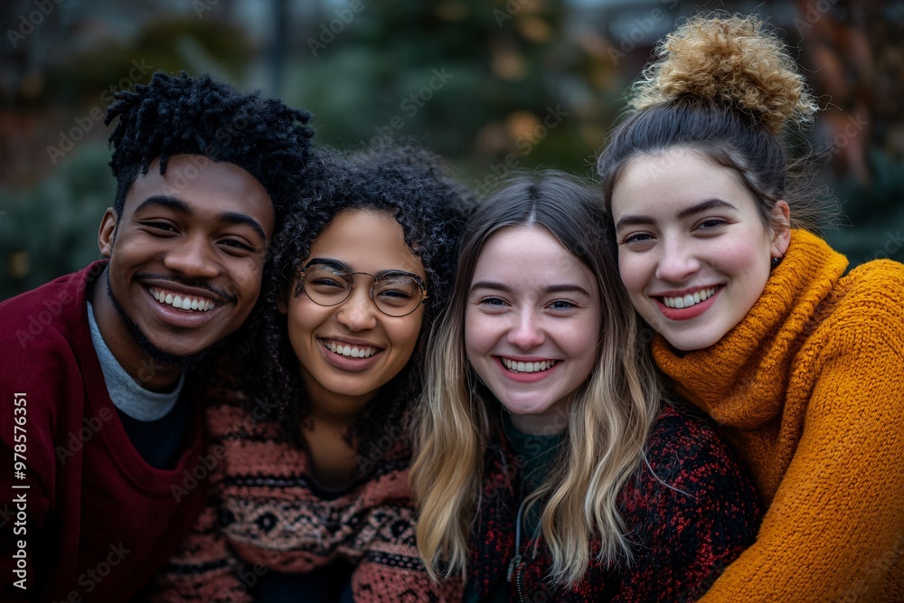 A joyful group of friends smiling together outdoors, showcasing diversity and connection in a warm, friendly atmosphere. A joyful group of friends smiling together outdoors, showcasing diversity and connection in a warm, friendly atmosphere.
