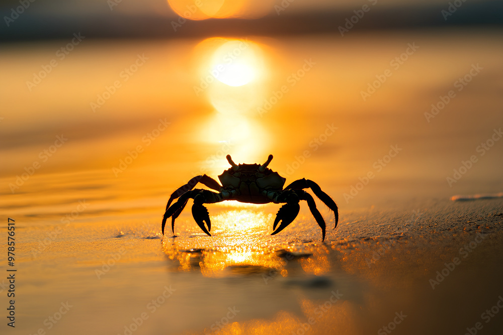 A crab walks along the beach at sunset, creating a serene coastal scene. A crab walks along the beach at sunset, creating a serene coastal scene.