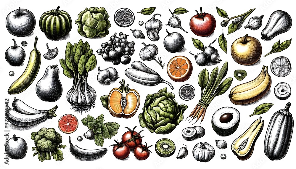 vegetables and fruits hand draw illustration set vegetables and fruits hand draw illustration set
