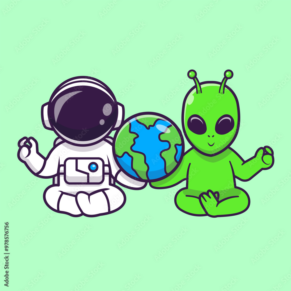 Obraz premium Cute Astronaut And Alien Meditation Yoga With Earth Globe Cartoon Vector Icon Illustration. Science Sport Icon Concept Isolated Premium Vector. Flat Cartoon Style