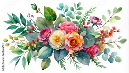 A bright watercolor artwork showcasing a dynamic floral arrangement with eucalyptus and foliage.