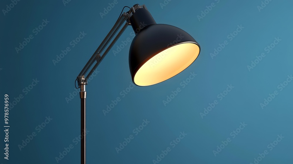 A stylish black lamp illuminates a cozy space, showcasing modern design against a vibrant blue wall. A stylish black lamp illuminates a cozy space, showcasing modern design against a vibrant blue wall.