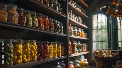 A vibrant pantry filled with jars of colorful preserves, showcasing a variety of fruits and vegetables ready for culinary use.