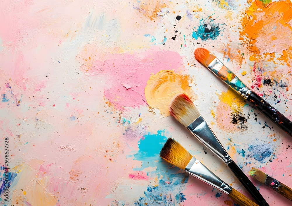 Fototapeta premium Paintbrushes on Pink Palette Background