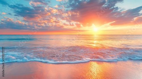 Summer closeup sunset sea sky landscape. Colorful ocean beach sunrise. Beautiful beach reflections calm waves, soft sandy beach. Perfect tropical coast horizon scenic coast view. generative ai