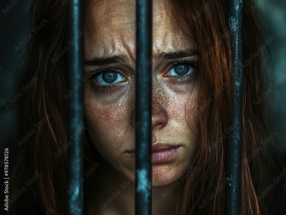 Woman behind bars, one tear rolling down her cheek, captured in a moment of regret, subtle lighting, deep emotional narrative Woman behind bars, one tear rolling down her cheek, captured in a moment of regret, subtle lighting, deep emotional narrative