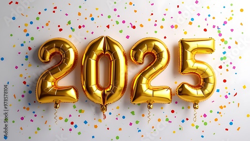 Golden balloons shaped as "2025" are surrounded by festive confetti, creating a celebratory mood perfect for New Year's parties and events. Ideal for festive decorations and promotional materials.