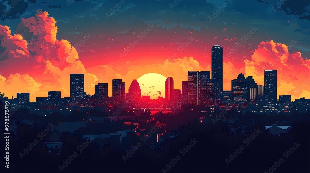 Fototapeta premium Silhouette of the neighborhood skyline at sunset, with warm gradients and stylized clouds, overlaid with a bold, script font of the neighborhood name