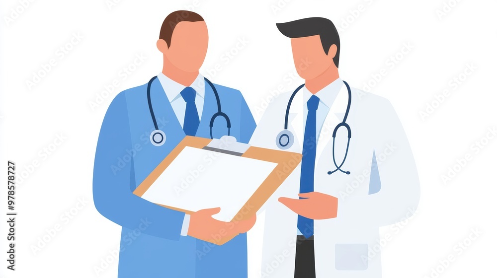 Doctor holding medical clipboard, patient checkup, white background, flat design illustration Doctor holding medical clipboard, patient checkup, white background, flat design illustration