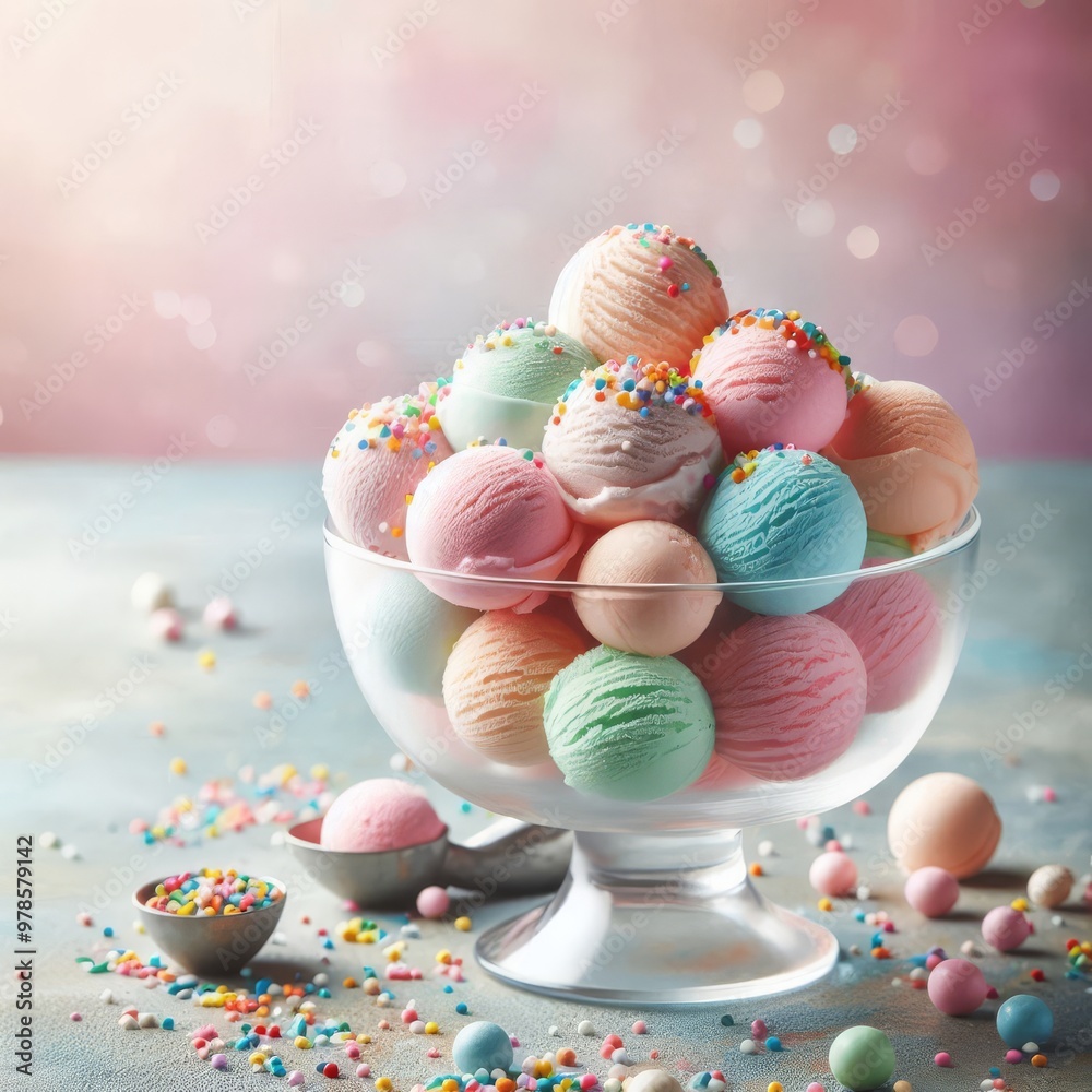 Creative food concept. Scoop balls of pastel gelato sorbet ice cream in glass dessert bowl with colourful sprinkles scattered on background.
Creative food concept. Scoop balls of pastel gelato sorbet ice cream in glass dessert bowl with colourful sprinkles scattered on background.