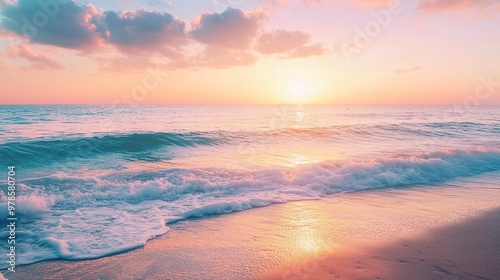 Summer closeup sunset sea sky landscape. Colorful ocean beach sunrise. Beautiful beach reflections calm waves, soft sandy beach. Perfect tropical coast horizon scenic coast view. generative ai