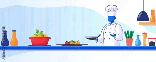 AI chef presenting lab-grown gourmet dish, futuristic kitchen, flat design illustration