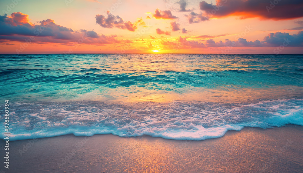 Obraz premium Crystal-clear turquoise waters with gentle waves lapping at a pristine beach under a golden sunset