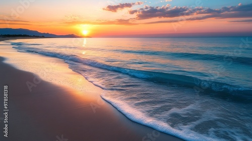 Summer closeup sunset sea sky landscape. Colorful ocean beach sunrise. Beautiful beach reflections calm waves, soft sandy beach. Perfect tropical coast horizon scenic coast view. generative ai