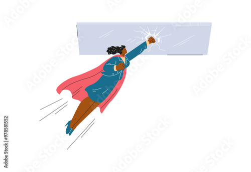 Vector illustration depicts an afro female superhero in a cape breaking a glass ceiling.