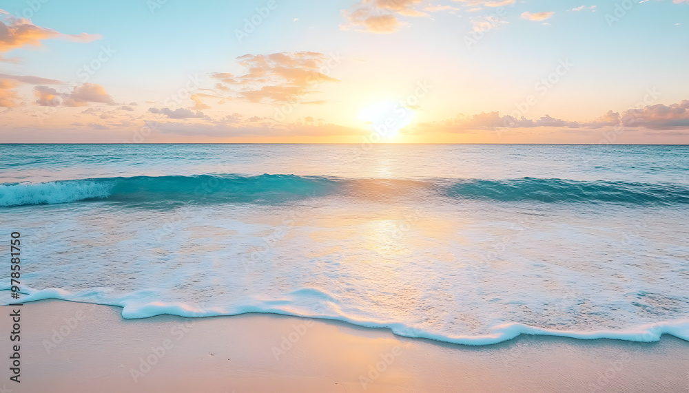 Fototapeta premium Crystal-clear turquoise waters with gentle waves lapping at a pristine beach under a golden sunset