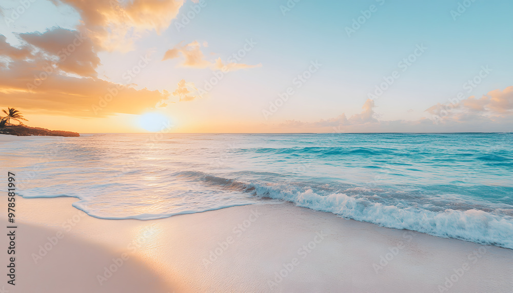 Obraz premium Crystal-clear turquoise waters with gentle waves lapping at a pristine beach under a golden sunset