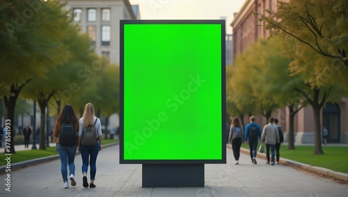 University campus, students walking with vertical blank green screen billboard mock-up photo