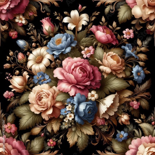 Vintage bouquet of beautiful flowers on black. Floral background. Baroque old fashiones style. Natural pattern wallpaper or greeting card
 photo