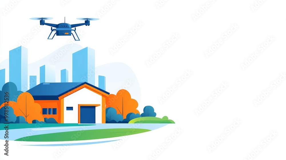 Lab-grown meat delivered by drones, AI managing logistics, flat design illustration