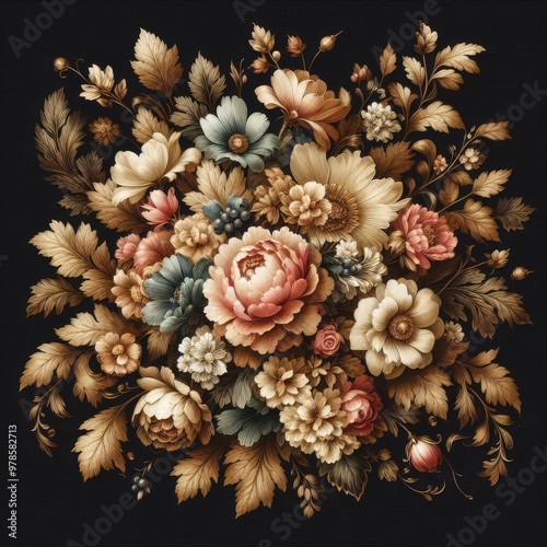 Vintage bouquet of beautiful flowers on black. Floral background. Baroque old fashiones style. Natural pattern wallpaper or greeting card
 photo