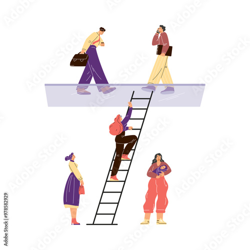 Vector image of women climbing a ladder to a glass ceiling where men are standing.