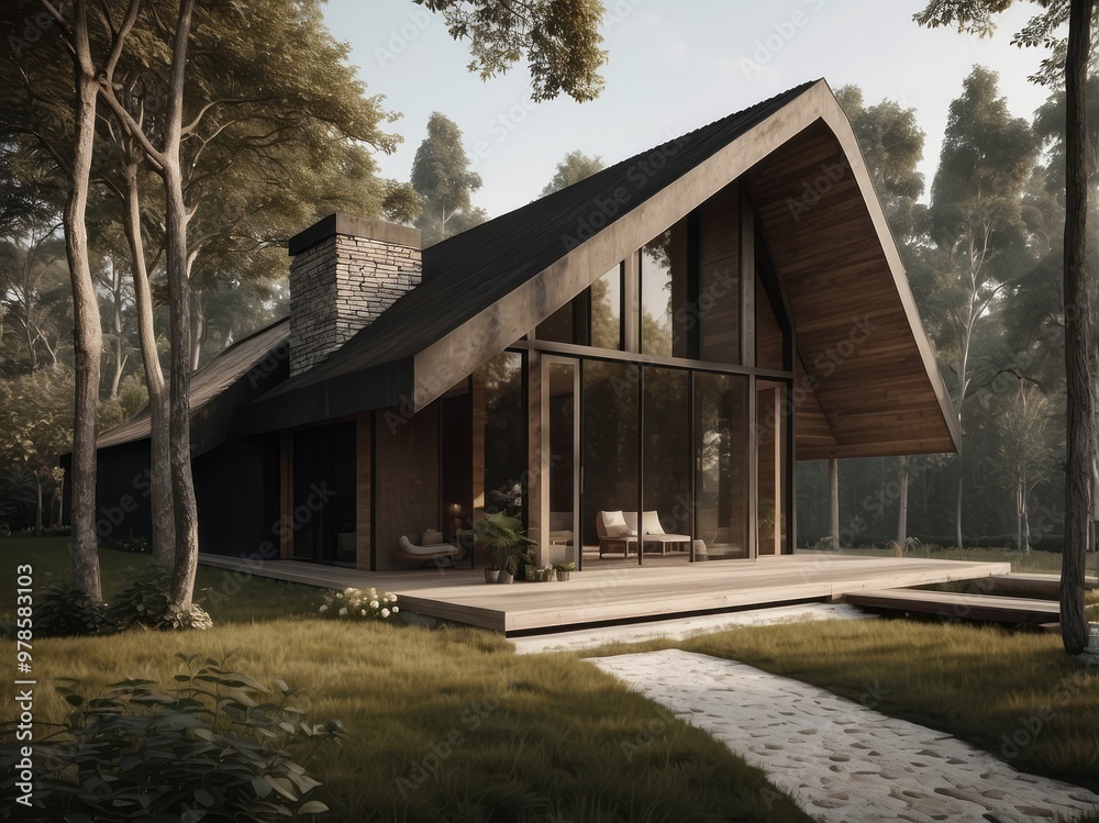 Modern Cabin with Large Windows and Wooden Deck in a Wooded Setting Modern Cabin with Large Windows and Wooden Deck in a Wooded Setting