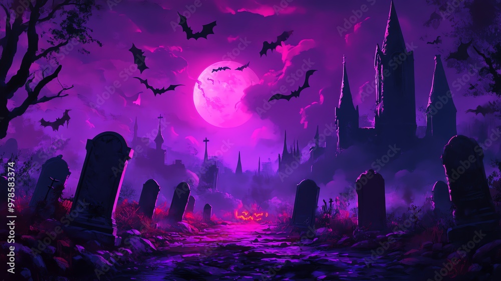 Abstract black and purple vector of a moonlit night in the city, with silhouette trees and houses against a starry sky