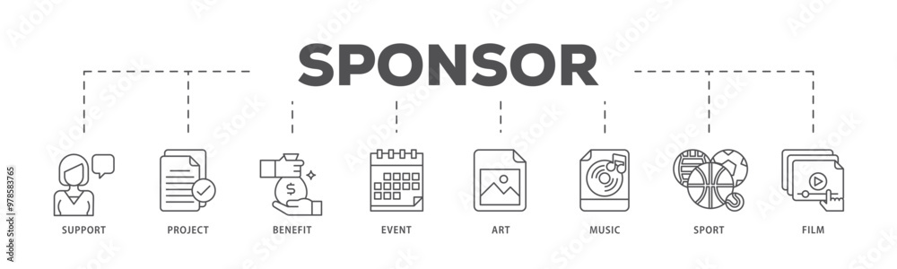 Sponsor infographic icon flow process which consists of film, sport, event, music, art, benefit, project, support icon live stroke and easy to edit Sponsor infographic icon flow process which consists of film, sport, event, music, art, benefit, project, support icon live stroke and easy to edit