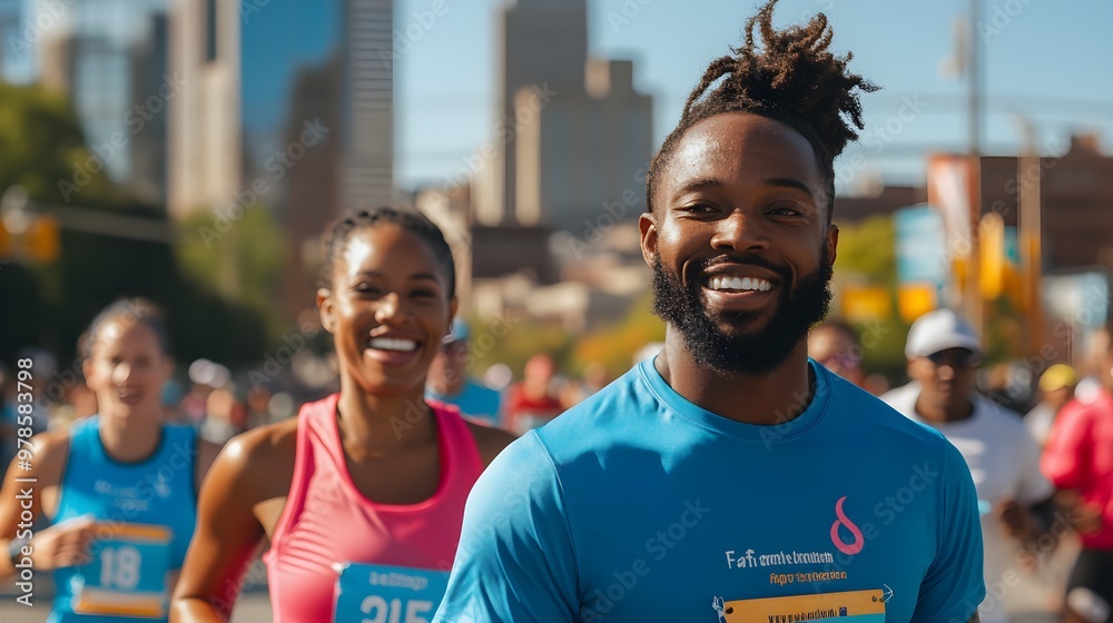 Joyful community marathon event, participants in custom health initiative shirts, vibrant cityscape in the background, dynamic and inspiring composition Joyful community marathon event, participants in custom health initiative shirts, vibrant cityscape in the background, dynamic and inspiring composition