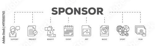 Sponsor infographic icon flow process which consists of film, sport, event, music, art, benefit, project, support icon live stroke and easy to edit 
