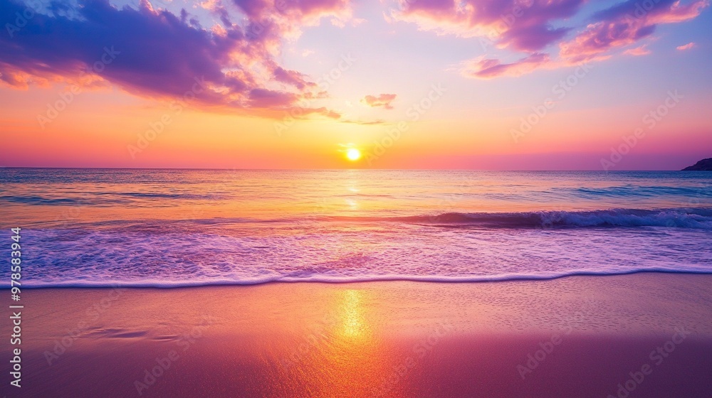 Fototapeta premium Summer closeup sunset sea sky landscape. Colorful ocean beach sunrise. Beautiful beach reflections calm waves, soft sandy beach. Perfect tropical coast horizon scenic coast view. generative ai