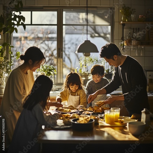 na familia disfruta de un desayuno tranquilo juntos en una cocina acogedora. La luz de la mañana ilumina la escena mientras preparan una comida sencilla.