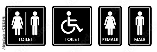 Toilet icons set. Men and women restroom icon sign right arrow. Disabled wheelchair icon. Vector Illustration