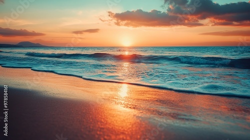 Summer closeup sunset sea sky landscape. Colorful ocean beach sunrise. Beautiful beach reflections calm waves, soft sandy beach. Perfect tropical coast horizon scenic coast view. generative ai