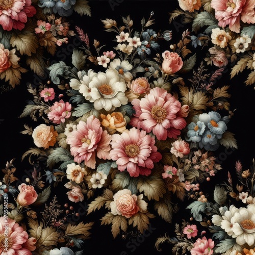 Vintage bouquet of beautiful flowers on black. Floral background. Baroque old fashiones style. Natural pattern wallpaper or greeting card
 photo