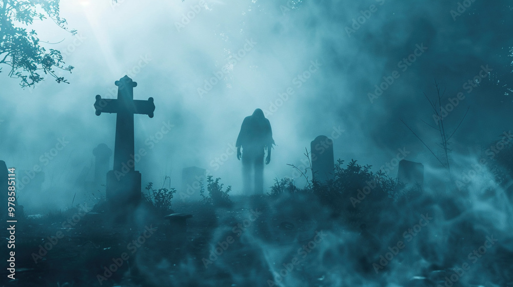 Halloween celebration concept. Zombie in a misty graveyard cemetry background. Costumed party, carnival, masquerade. Spooky atmosphere. Halloween celebration. Banner, poster with copy space Halloween celebration concept. Zombie in a misty graveyard cemetry background. Costumed party, carnival, masquerade. Spooky atmosphere. Halloween celebration. Banner, poster with copy space