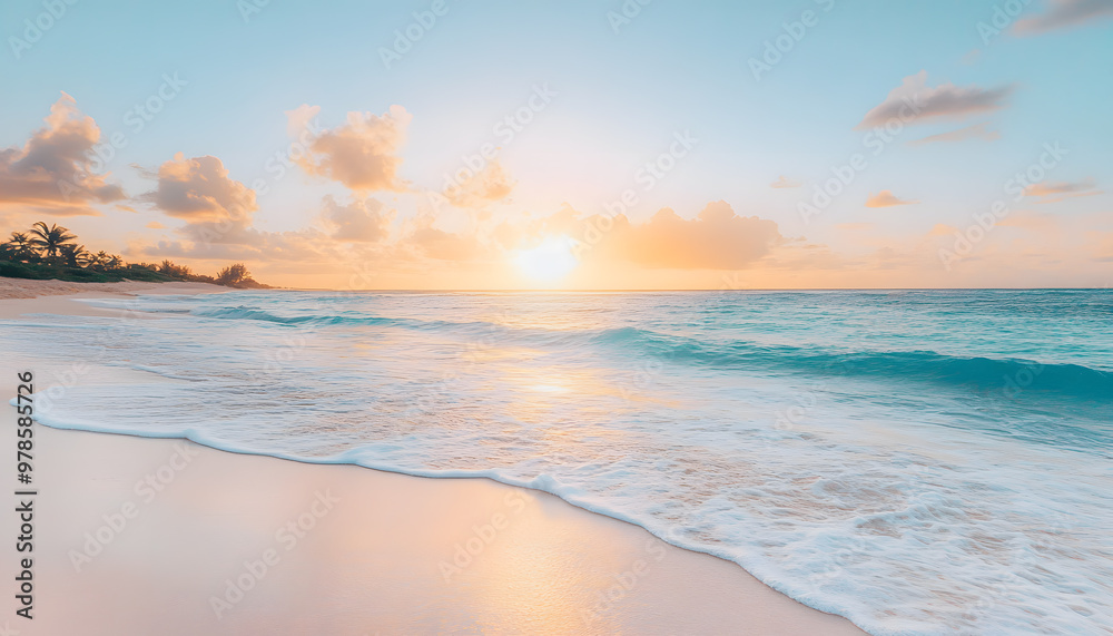 Fototapeta premium Crystal-clear turquoise waters with gentle waves lapping at a pristine beach under a golden sunset