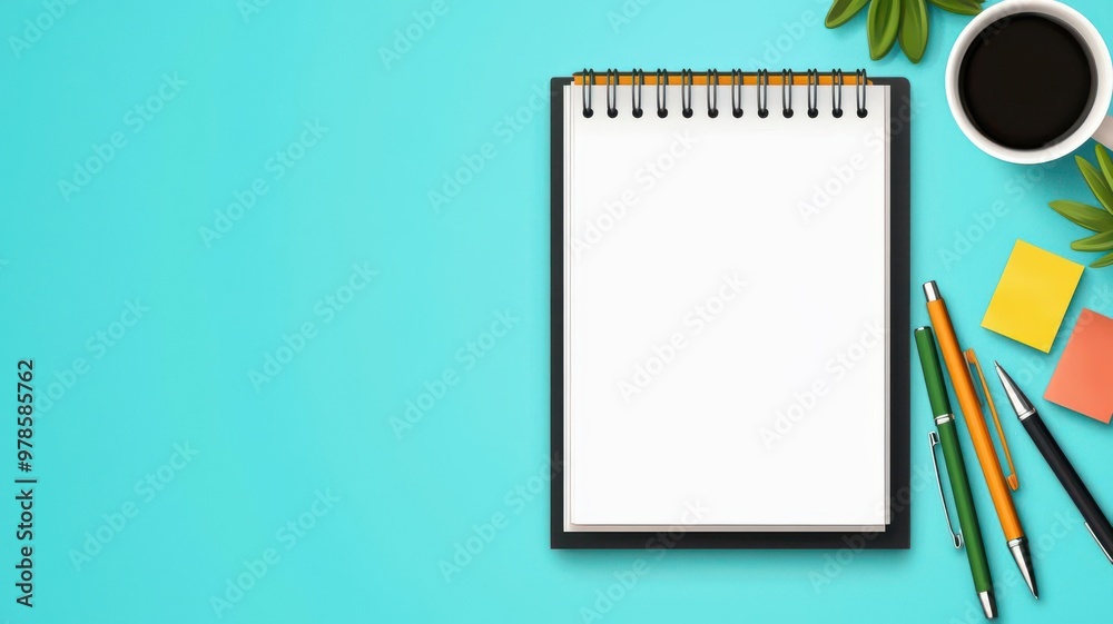 Desk with open planner, pens, sticky notes, flat design illustration Desk with open planner, pens, sticky notes, flat design illustration