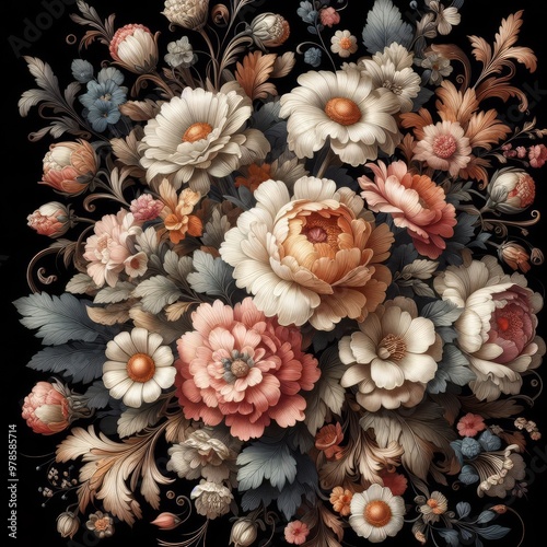 Vintage bouquet of beautiful flowers on black. Floral background. Baroque old fashiones style. Natural pattern wallpaper or greeting card
 photo