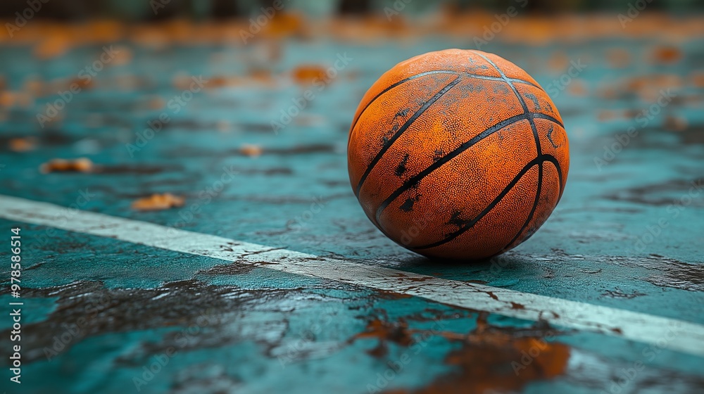 Worn Basketball on Outdoor Court with Blue-Green Surface and Autumn Leaves, Focus on Texture and Weathered Look Worn Basketball on Outdoor Court with Blue-Green Surface and Autumn Leaves, Focus on Texture and Weathered Look