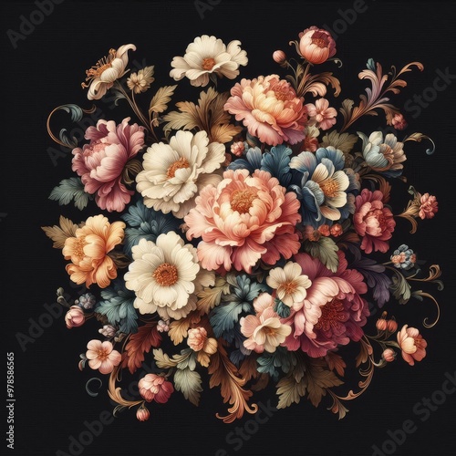 Vintage bouquet of beautiful flowers on black. Floral background. Baroque old fashiones style. Natural pattern wallpaper or greeting card
 photo