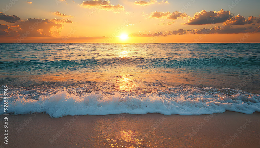 Crystal-clear turquoise waters with gentle waves lapping at a pristine beach under a golden sunset Crystal-clear turquoise waters with gentle waves lapping at a pristine beach under a golden sunset