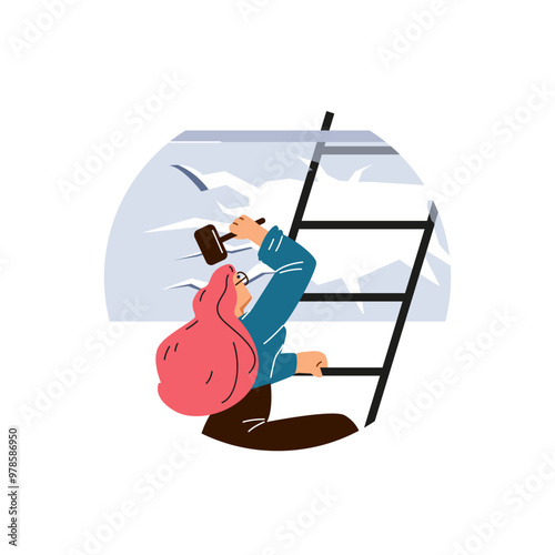 Vector illustration of a woman climbing a ladder and breaking a glass ceiling with a hammer.