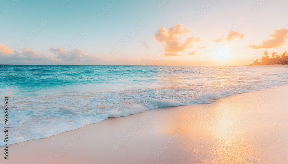 Obraz premium Crystal-clear turquoise waters with gentle waves lapping at a pristine beach under a golden sunset