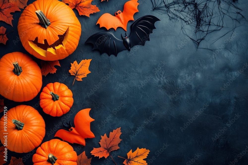 a postcard for a Halloween party made of pumpkins, bats, cobwebs, top view. P a postcard for a Halloween party made of pumpkins, bats, cobwebs, top view. P