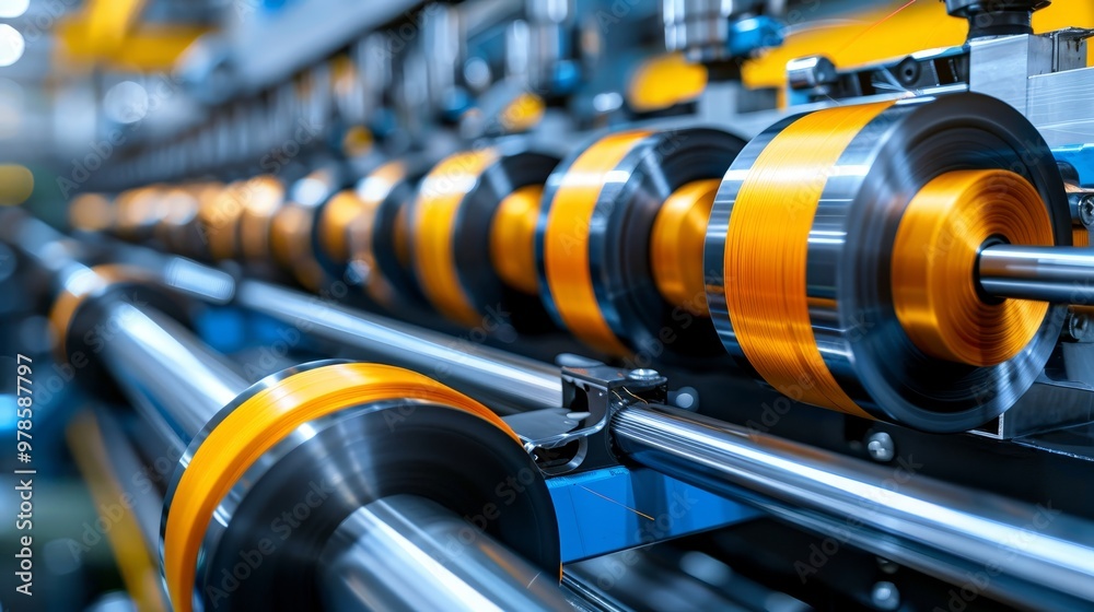 Obraz premium Yarn spools arranged on a spinning machine inside a bustling textile manufacturing factory